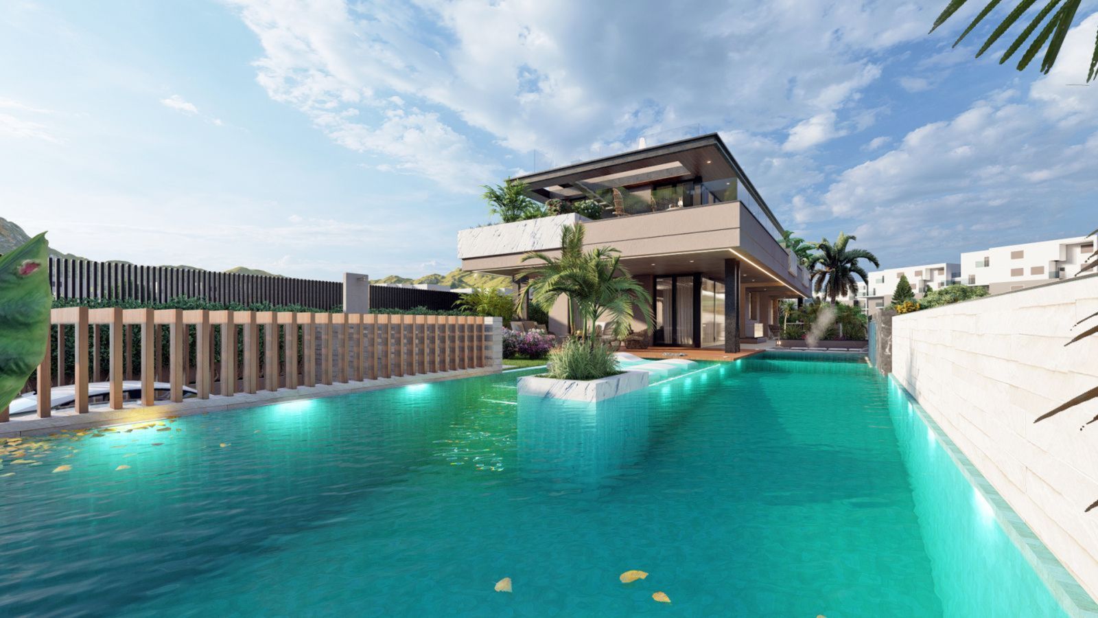 Modern villa with swimming pool and terrace, surrounded by lush greenery.