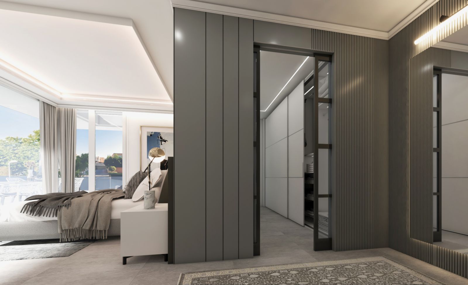 Modern bedroom with view into a walk-in closet at Villas Bellagio.
