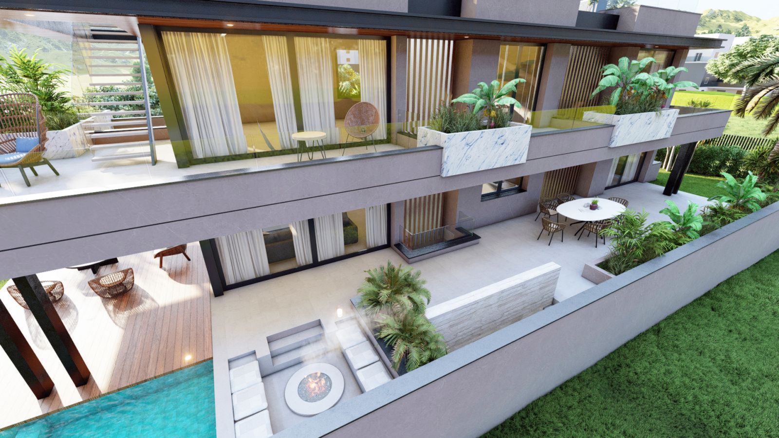 Modern villa exterior with a swimming pool, patio, and fire pit, surrounded by greenery.