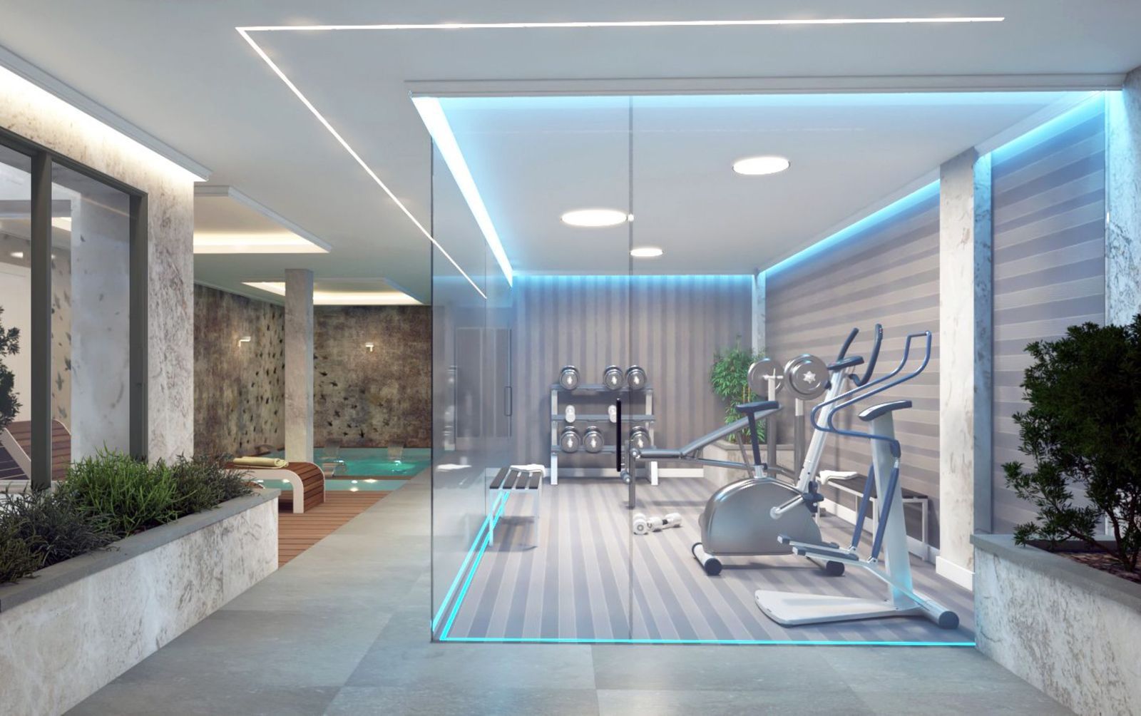 Modern gym with equipment and pool view at Villas Bellagio.